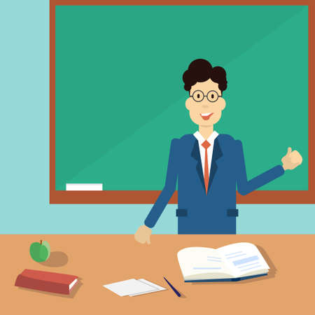 Professor Point Hand To Green School Clack Board Flat Vector Illustrationのイラスト素材