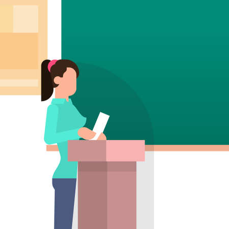 Girl Student Answer Over Tribune Chalkboard University Education Flat Vector Illustrationのイラスト素材