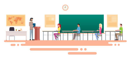 University Professor Lecture Speech Teacher College Class, Group of Students People, Business Seminar Flat Vector Illustrationのイラスト素材