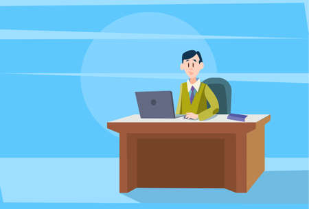 Business Man Workplace Businessman Working With Laptop Flat Vector Illustrationのイラスト素材