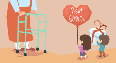 Small Boy Girl Give Present Balloon Grandmother Long Legs Grandparents Day Holiday Grandchildren Greeting Vector Illustrationのイラスト素材
