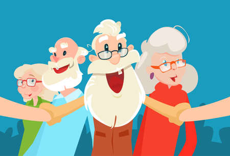 Senior People Group Grandparents Selfie Photo Flat Vector Illustrationのイラスト素材