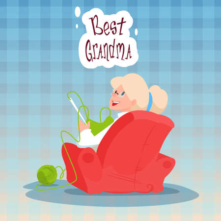 Grandmother Sitting In Armchair Best Granny Grandparents Day Greeting Card Flat Vector Illustrationのイラスト素材