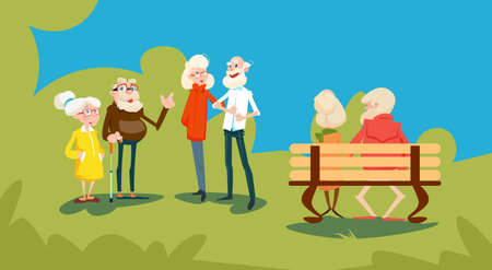 Senior People Group Friends Outdoors Park Meeting Communication Flat Vector Illustrationのイラスト素材