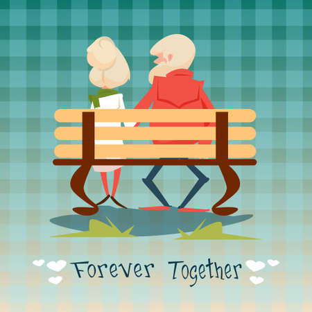 Senior Couple Sitting On Bench Forever Together Grandparents Day Greeting Card Flat Vector Illustrationのイラスト素材