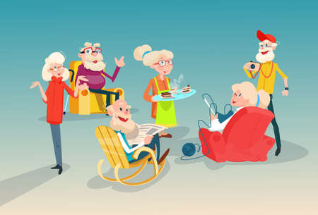 Senior People Group Friends Meeting Communication Flat Vector Illustrationのイラスト素材