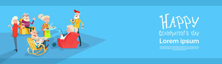 Senior People Group Friends Meeting Communication Grandparents Day Banner Flat Vector Illustrationのイラスト素材