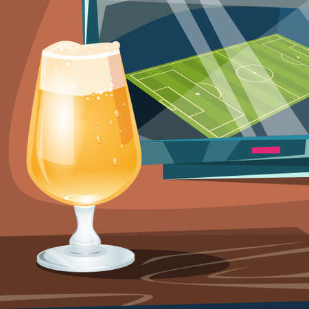 Beer Glass Over TV Set With Football Field Oktoberfest Festival Banner Flat Vector Illustrationのイラスト素材