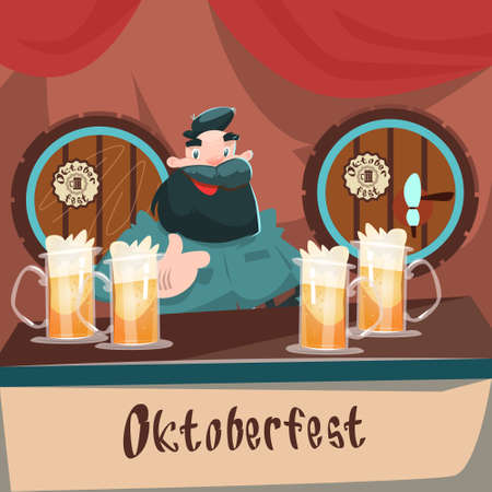 Cartoon Man At Bar Beer Glass Mug Barrel Oktoberfest Festival Banner Flat Vector Illustrationのイラスト素材