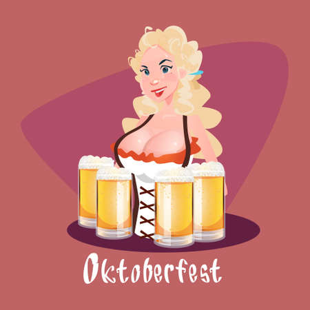 Oktoberfest Festival Girl Waitress Hold Beer Mug Glasses Vector Illustrationのイラスト素材