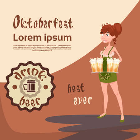Oktoberfest Festival Girl Waitress Hold Beer Mug Glasses Vector Illustrationのイラスト素材