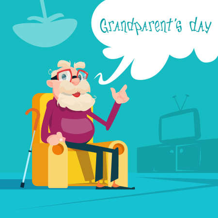 Grandfather Sitting In Rocking Chair Best Grandpa Grandparents Day Greeting Card Flat Vector Illustrationのイラスト素材