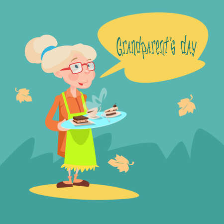 Grandmother Hold Tray With Sweets Happy Grandparents Day Greeting Card Flat Vector Illustrationのイラスト素材
