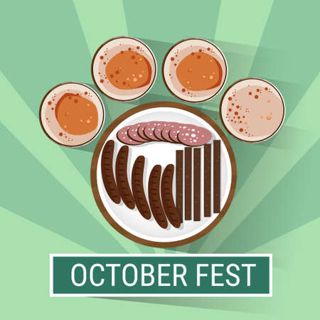 Table Bar Beer With Plate Of Sausages Top Angle View Flat Vector Illustrationのイラスト素材