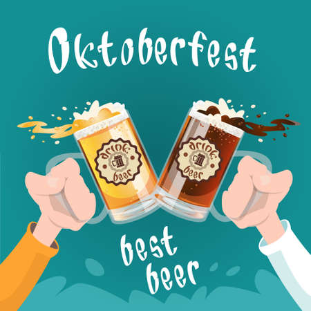Hand Hold Beer Glass Mug Oktoberfest Festival Banner Flat Vector Illustrationのイラスト素材