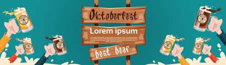 Hand Hold Beer Glass Mug Oktoberfest Festival Banner Flat Vector Illustrationのイラスト素材