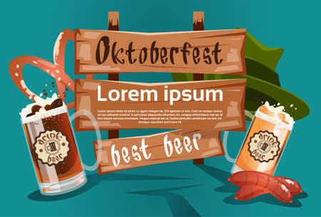 Beer Glass With Green Hat Sausage Pretzel Oktoberfest Festival Banner Flat Vector Illustrationのイラスト素材