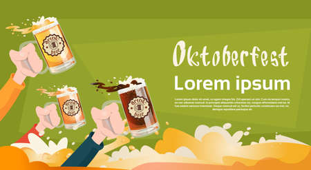Hand Hold Beer Glass Mug Oktoberfest Festival Banner Flat Vector Illustrationのイラスト素材