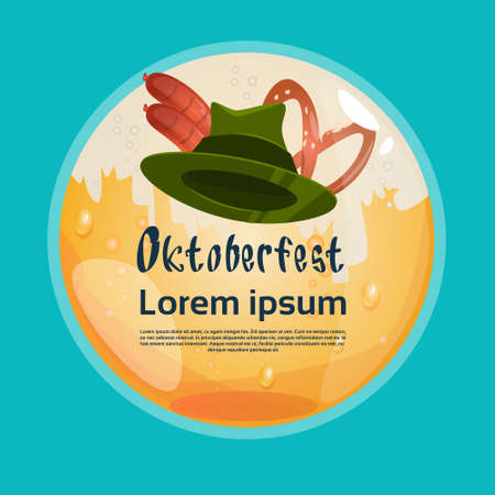Green Patric Hat With Sausage Pretzel Oktoberfest Festival Banner Flat Vector Illustrationのイラスト素材