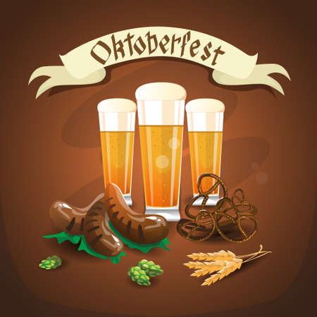 Beer Glass Mug With Sausage Pretzel Oktoberfest Festival Banner Flat Vector Illustrationのイラスト素材