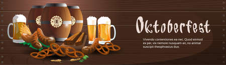 Beer Glass Mug Barrel With Sausage Pretzel Oktoberfest Festival Banner Flat Vector Illustrationのイラスト素材