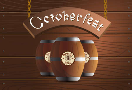 Beer Wooden Barrel Oktoberfest Festival Banner Flat Vector Illustrationのイラスト素材