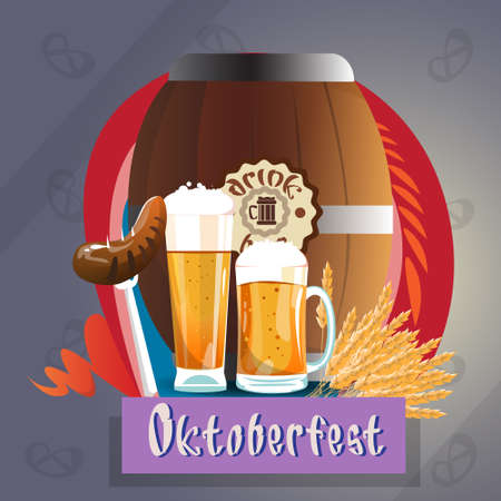 Beer Glass Mug With Sausage Barrel Oktoberfest Festival Banner Flat Vector Illustrationのイラスト素材