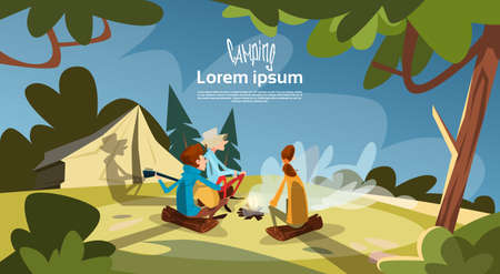 Tent Camping Tourist Group Sit Near Fire Forest Mountain Expedition Flat Vector Illustrationのイラスト素材