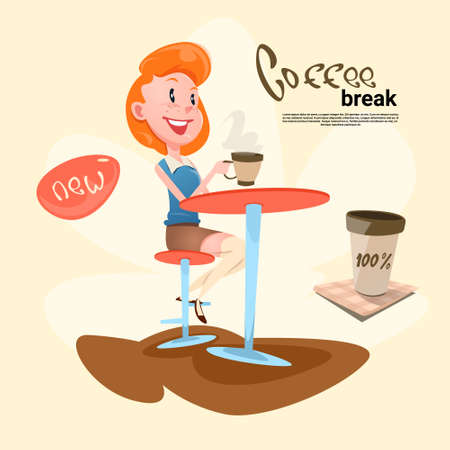 Woman In Cafe Coffee Break Flat Vector Illustrationのイラスト素材