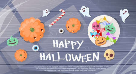 Happy Halloween Sweets Banner Greeting Card Flat Vector Illustrationのイラスト素材