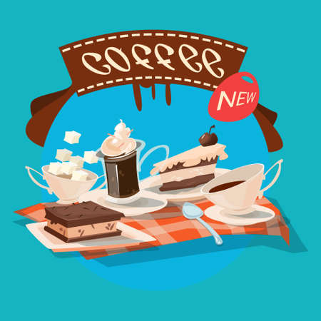 Coffee Cup With Chocolate Cakes Cafe Flat Vector Illustrationのイラスト素材