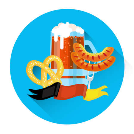Beer Glass Mug With Sausage Pretzel Oktoberfest Festival Banner Flat Vector Illustrationのイラスト素材