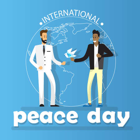 Two Diverse Man Globe Background International Peace Holiday Poster Flat Vector Illustrationのイラスト素材
