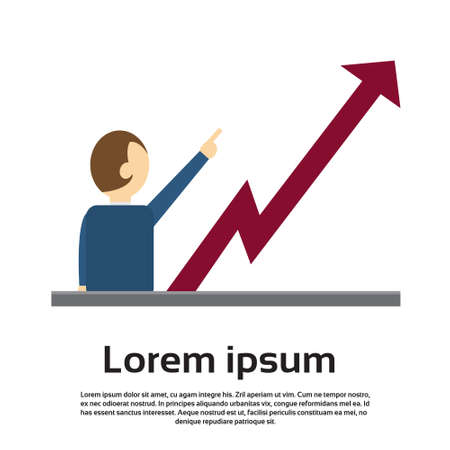 Business Man Point Finger To Red Arrow Up Financial Success Concept Flat Vector Illustrationのイラスト素材