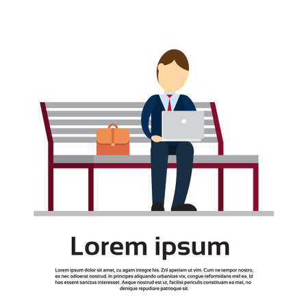 Business Man Sit On Park Bench Use Laptop Computer Flat Vector Illustrationのイラスト素材