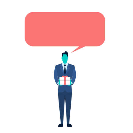 Business Man Hold Present Box Gift With Chat Bubble Flat Vector Illustrationのイラスト素材