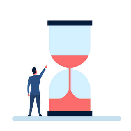 Business Man Point Finger To Sand Watch Deadline Concept Flat Vector Illustrationのイラスト素材