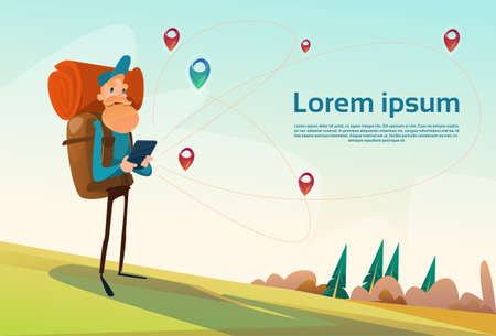 Traveler Man Hiking Using Tablet Navigation Outdoor Trekking Tourism Flat Vector Illustration