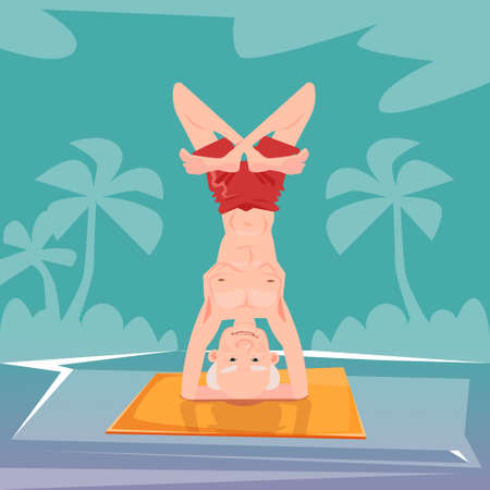 Senior Man Sitting In Yoga Position Relaxing Doing Exercises Flat Vector Illustrationのイラスト素材
