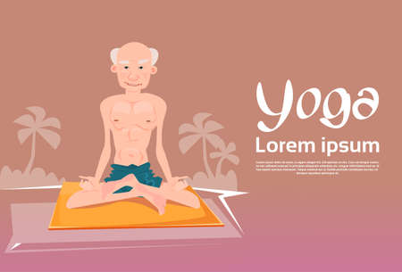 Senior Man Sitting In Yoga Lotus Position Relaxing Doing Exercises Flat Vector Illustrationのイラスト素材
