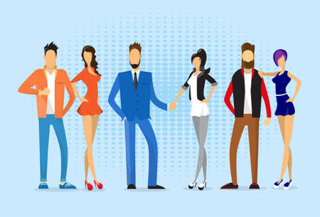 Young Hipster People Group Fashionable Man Woman Full Length Pop Art Background Flat Vector Illustrationのイラスト素材