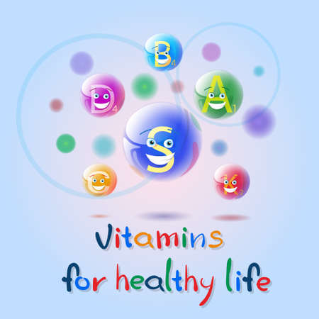 Vitamins Nutrient Minerals Colorful Banner Healthy Life Nutrition Chemistry Element Concept Flat Vector Illustrationのイラスト素材