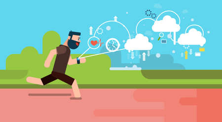 Man Run Fitness App Tracker Wearable Technologies Smart Watch Flat Vector Illustration