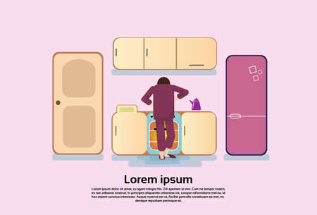 Cartoon Character Cooking Food Kitchen Morning Breakfast Flat Vector Illustrationのイラスト素材