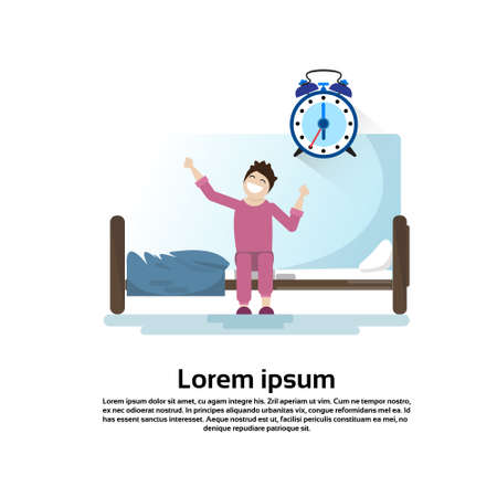 Morning Bedroom Cartoon Character Waking Up Stretching Flat Vector Illustrationのイラスト素材