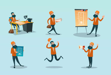 Builder Set Architect With Drawings Construction Flat Vector Illustrationのイラスト素材