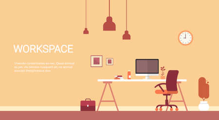 Empty Workplace, Desk Chair Computer Workspace Office No People Flat Vector Illustrationのイラスト素材