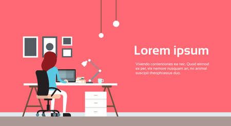 Woman Work Laptop Computer Office Business Workplace Back Rear View Flat Vector Illustrationのイラスト素材