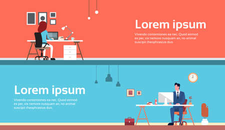 Woman Work Laptop, Business Man Using Computer Office Workplace Flat Vector Illustrationのイラスト素材