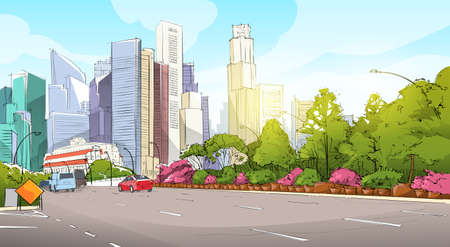 City Street Skyscraper View Sketch Cityscape Vector Illustrationのイラスト素材